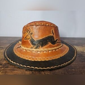 Vintage Handcrafted Leather Hat with Deer Stag Buck Design